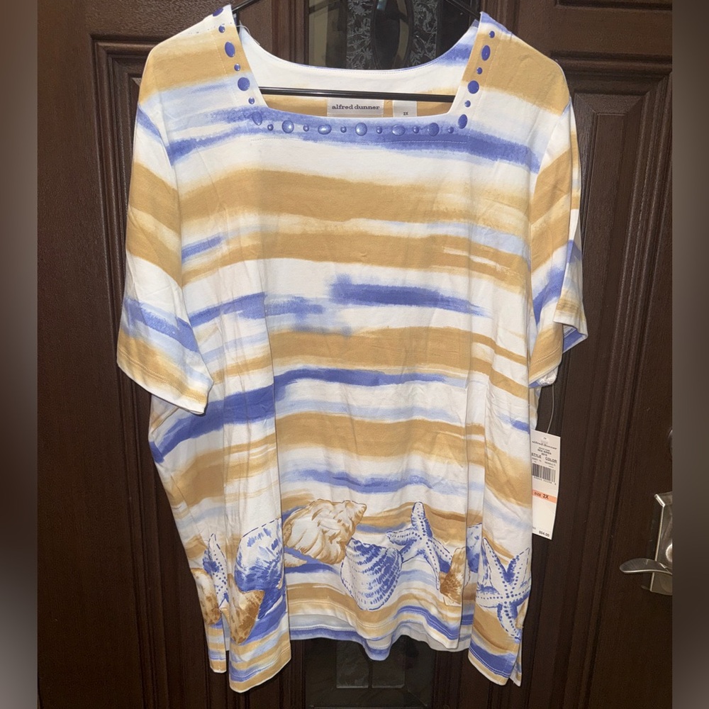 Alfred Dunner Women's Blue and Tan Striped Blouse